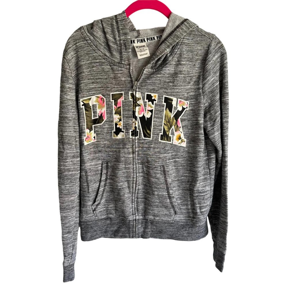 VICTORIA'S SECRET PINK Gray Floral Logo Ladies Zip Hoodie, M